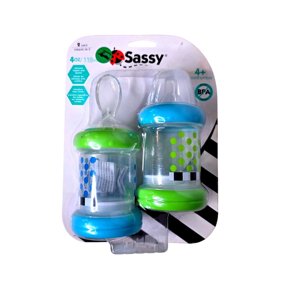 Sassy Baby Food Nurser 2pk 4oz Silicone Nipple Spoon Blue Green BPA Free READ